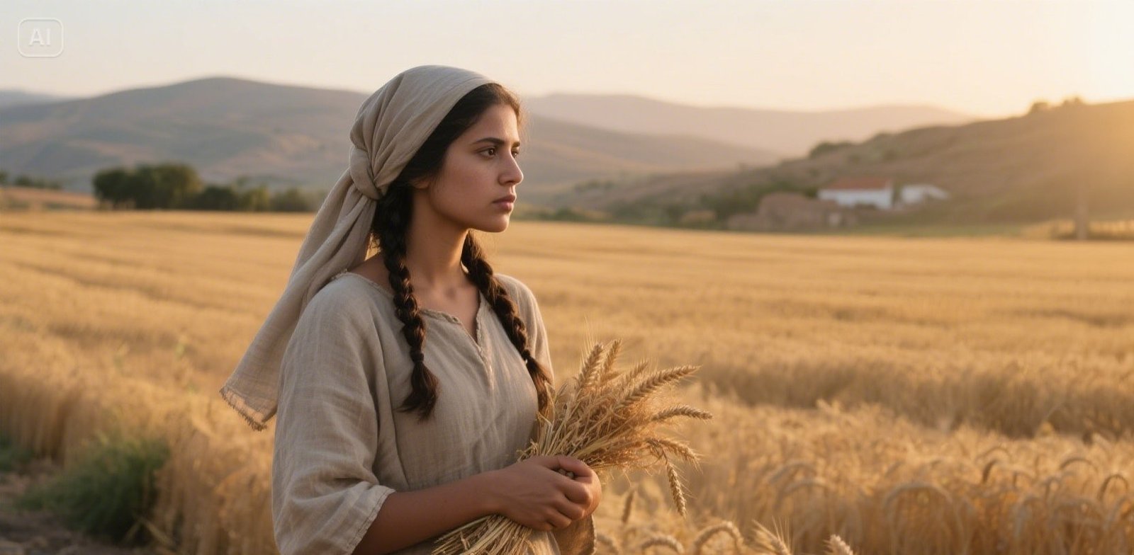 A humble young Ruth stands in a barley field at sunrise, carrying grain with quiet strength