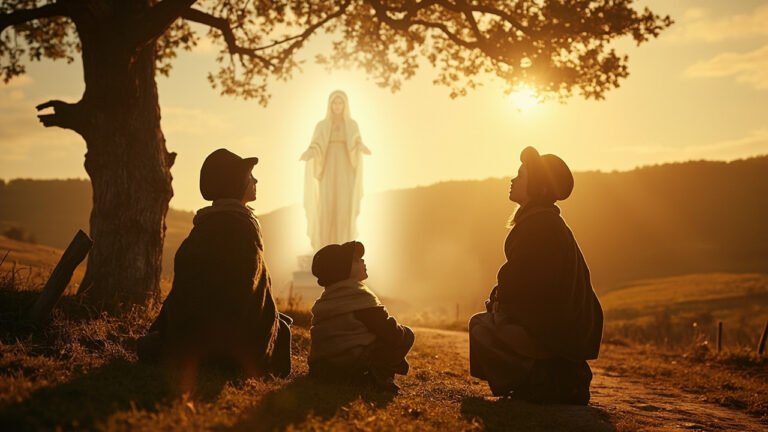 Three children witness the apparition of the Virgin Mary in Fatima, Portugal, 1917