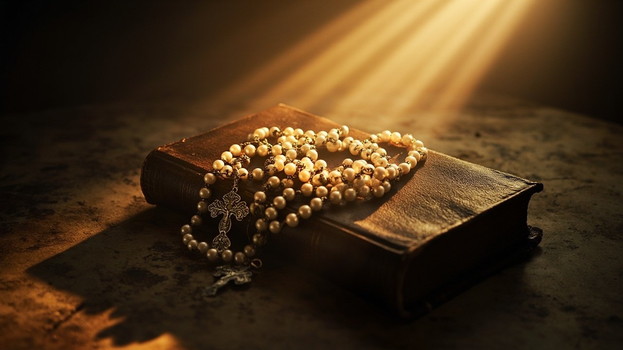 Catholic rosary beads glowing on an old Bible with dramatic lighting