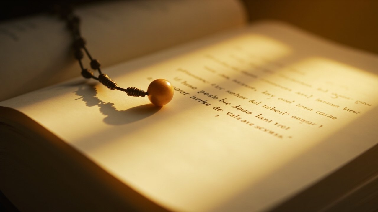 Rosary beads resting on Bible opened to the Lord’s Prayer (Matthew 6)