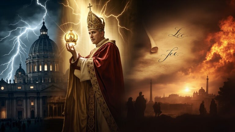 Mosaic of Pope Leo XIV with Vatican lightning, ruins, and a final crown, inspired by prophecy and Fatima visions.