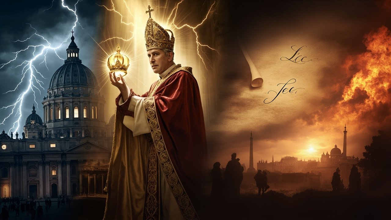 Mosaic of Pope Leo XIV with Vatican lightning, ruins, and a final crown, inspired by prophecy and Fatima visions.
