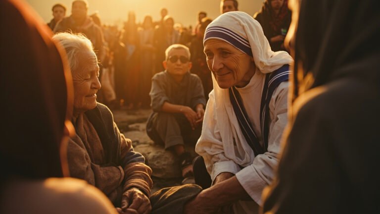 AI image inspired by Mother Teresa in Calcutta, wearing a white sari with blue stripes, surrounded by children in need.