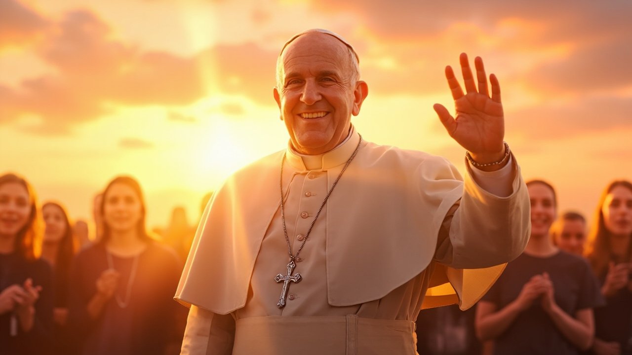 Pope Francis smiling warmly, surrounded by soft light and faithful pilgrims in the background.