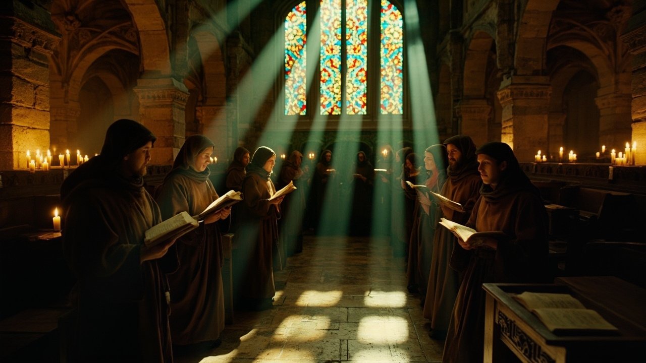 Monks chanting Gregorian hymns inside a candle-lit Catholic monastery chapel with Latin manuscripts.
