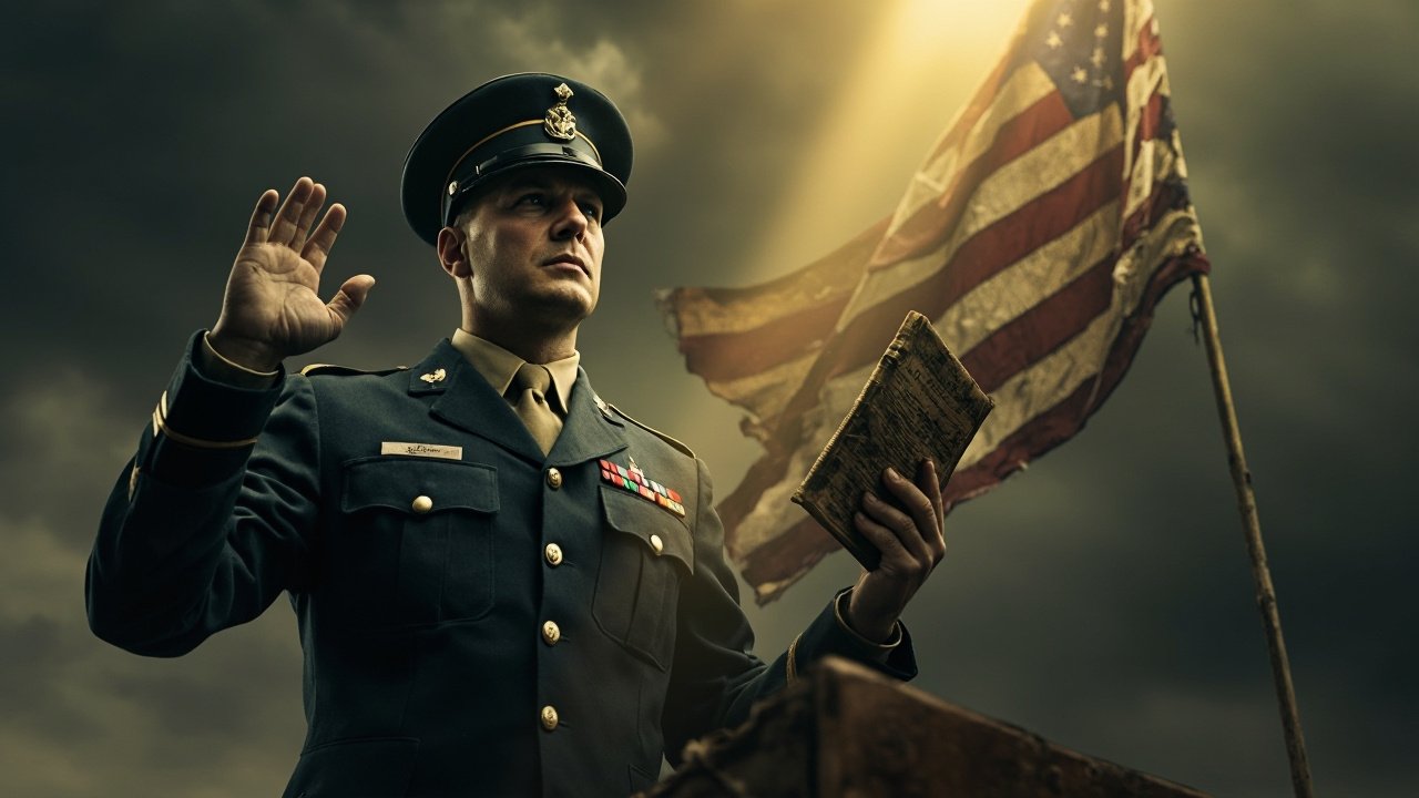 Military officer taking oath with American flag — allegiance to Constitution