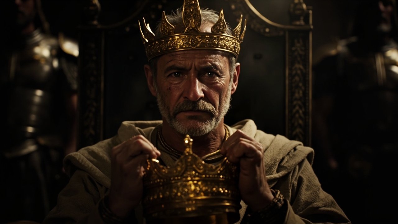 A biblical-style image of King Saul weeping on his throne, crowned, with soldiers behind him — symbolizing his fall from divine authority.