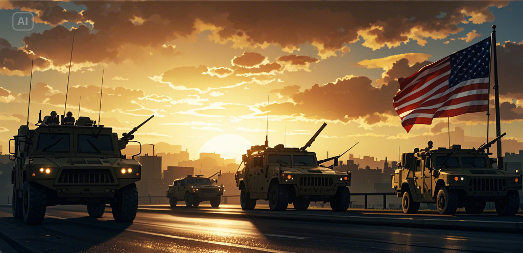 Soldiers and armored vehicles on an empty American street enforcing martial law