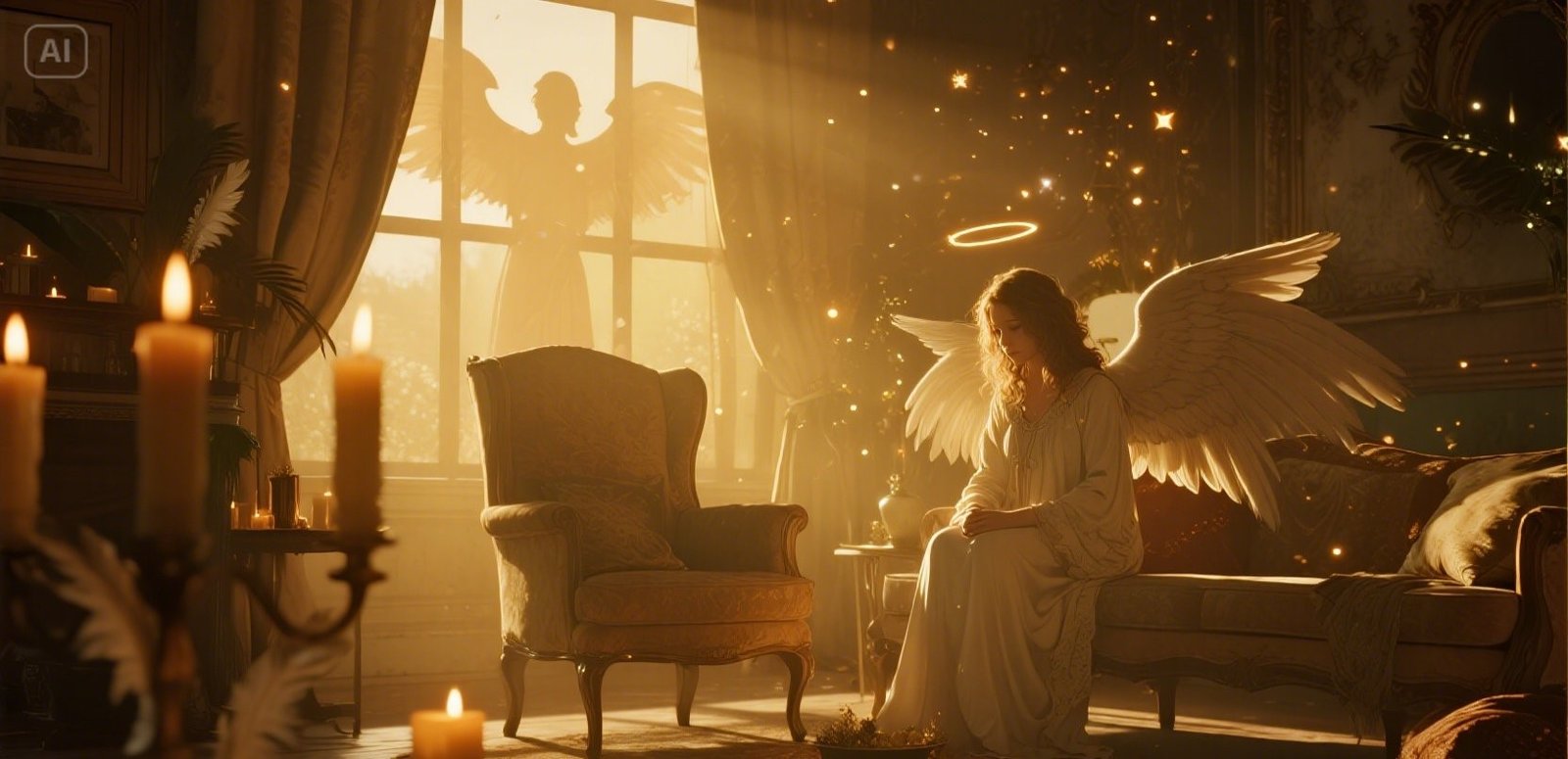 A peaceful living room glowing with ethereal angelic light, symbolizing divine presence.