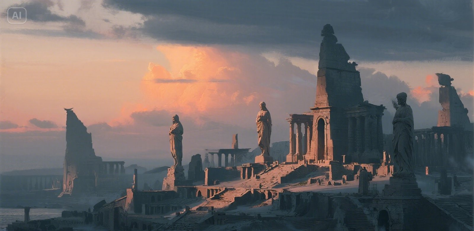 Ancient ruins of Tyre scattered into the sea under a dramatic sky