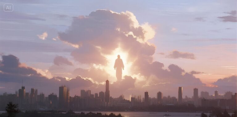 Composite image showing Jesus-shaped cloud over the Philippines, angel figure in the sky above Australia, and a glowing cross formation above Texas during sunset.