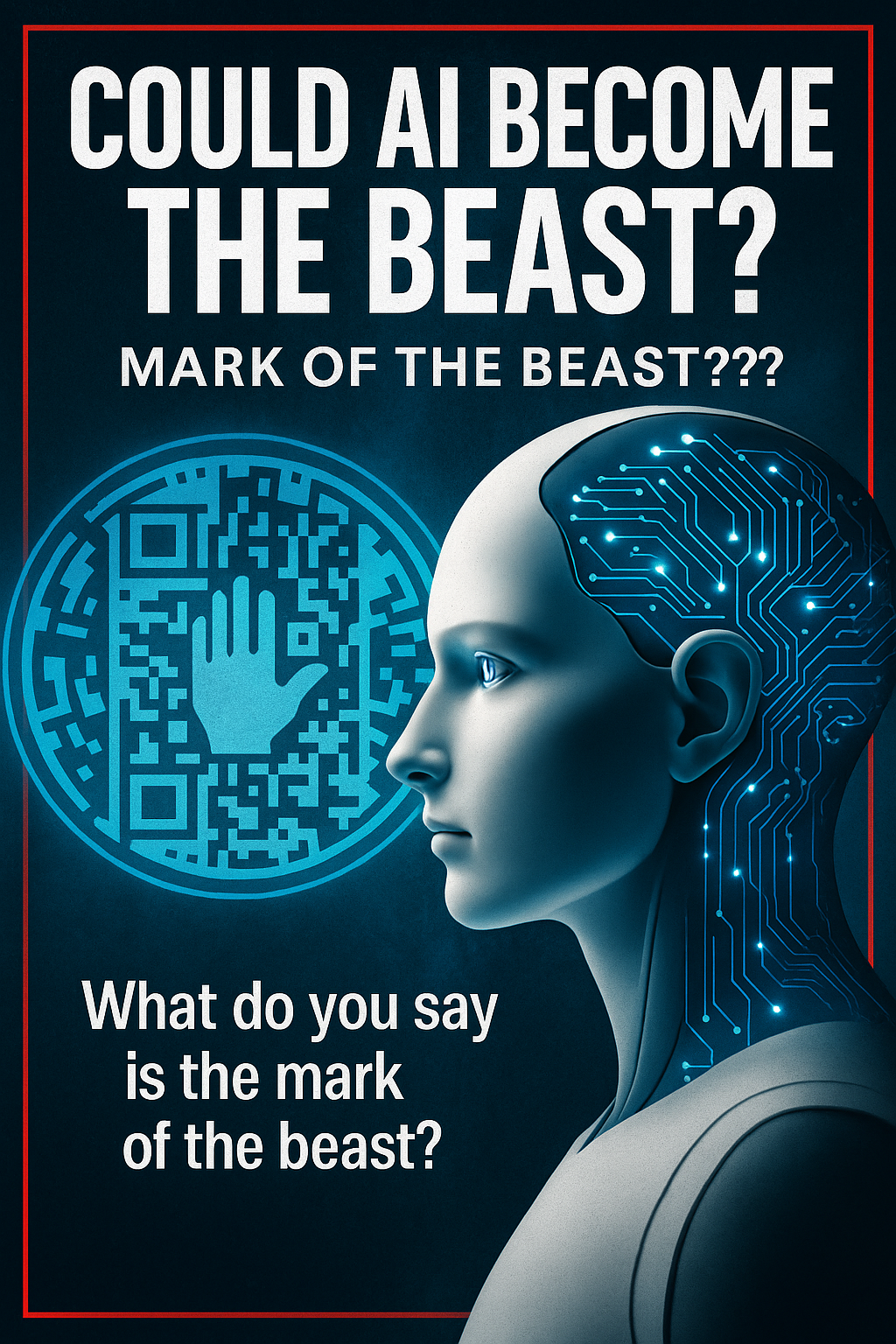 Graphic design image with digital face and binary code asking: "Could AI be the Beast? What do you say is the Mark of the Beast?"