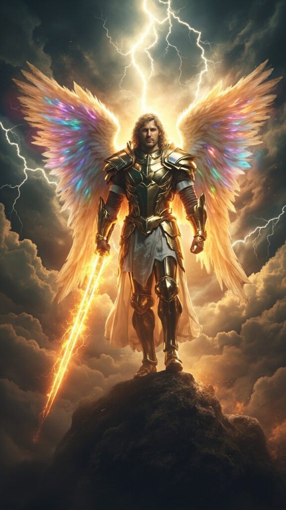 Archangel Michael in radiant armor with a flaming sword and wings spread wide.