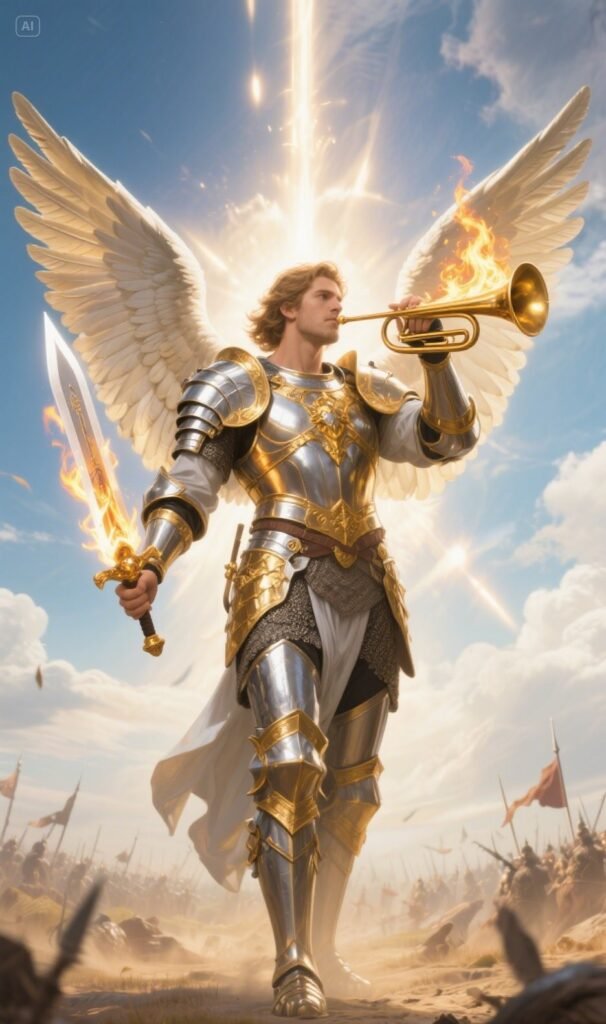 Armored archangel with wings, sword, and trumpet standing in divine light.