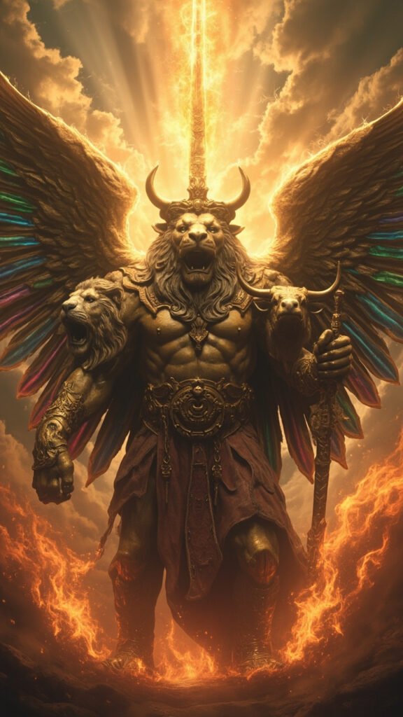 Biblical Cherubim with four faces and flaming sword guarding Eden’s entrance.
