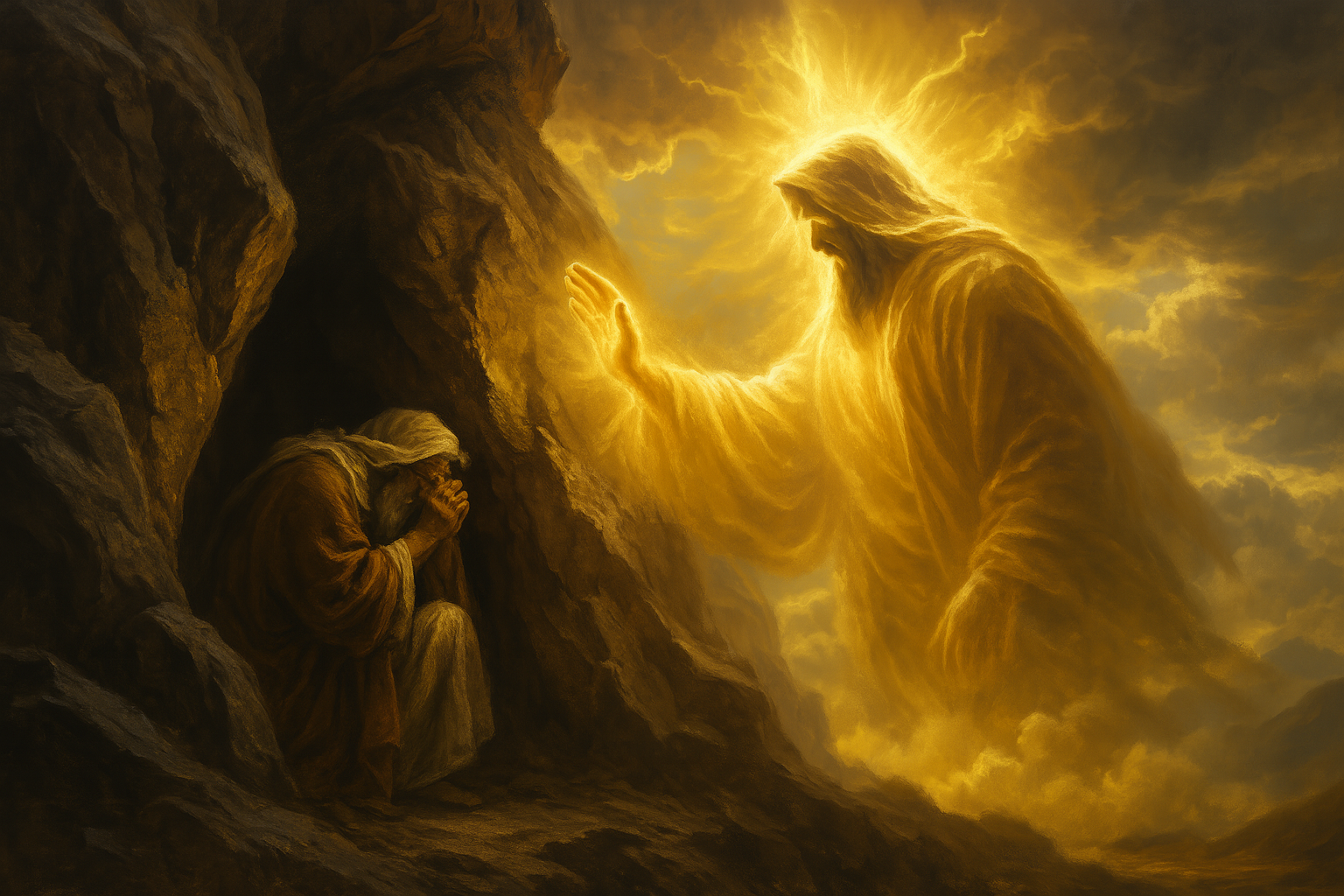 Moses shielded by God's hand in a rocky cleft, witnessing God's glory from behind."