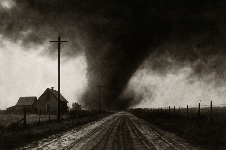 Black-and-white image of a large tornado funnel cloud approaching farmland during the 1925 Tri-State Tornado.
