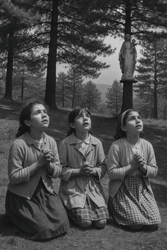 AI-generated black-and-white reenactment of three Garabandal girls kneeling in awe beneath the Pines, gazing upward toward a statue of the Virgin Mary.v