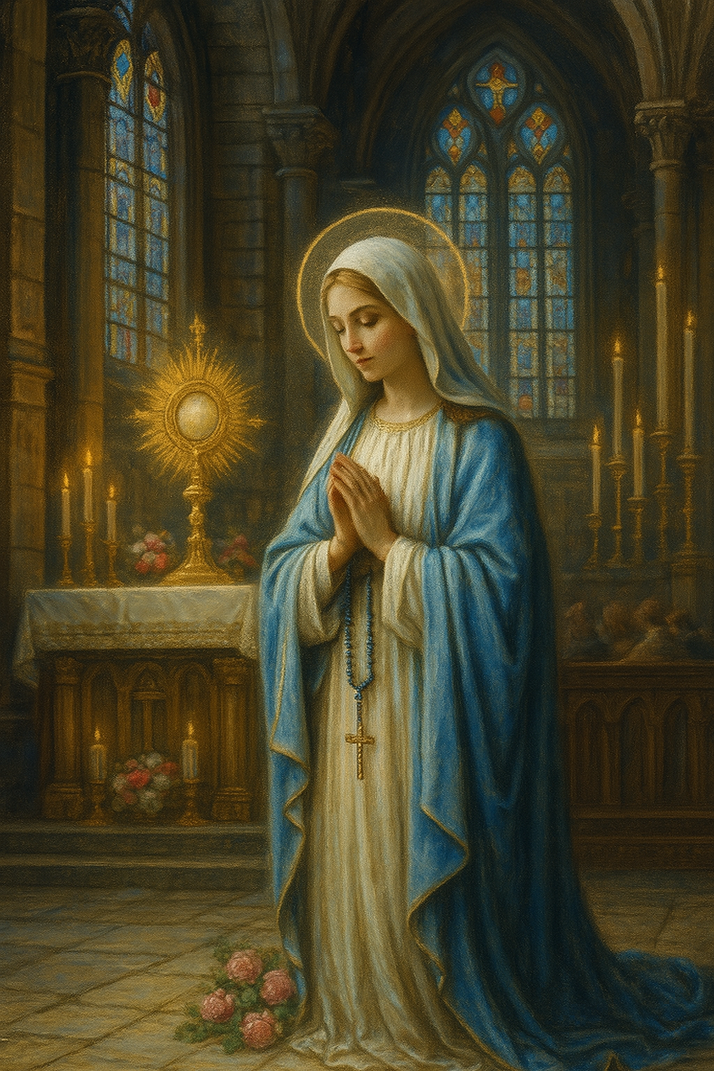 Virgin Mary in Prayer Before the Eucharist