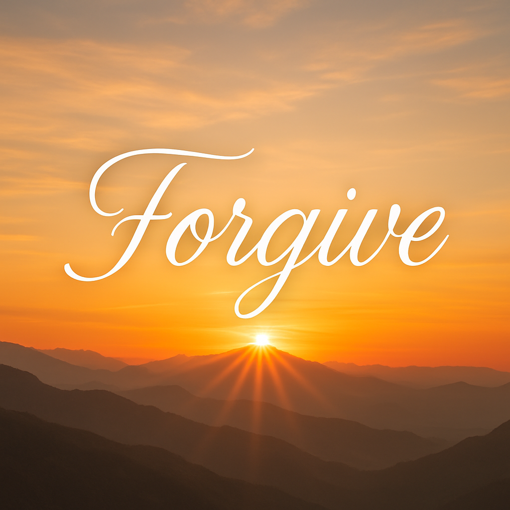 Sunrise over mountains with elegant cursive text reading ‘Forgive.’ Symbolizing freedom and God’s mercy
