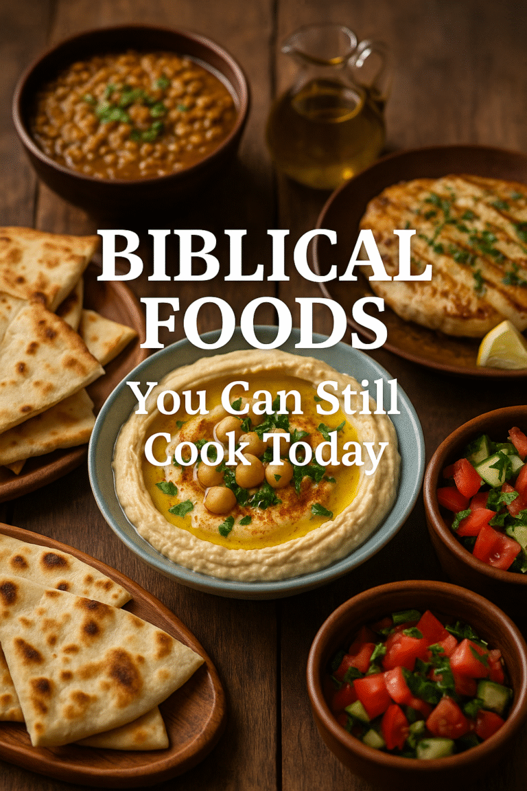 A rustic spread of biblical dishes including hummus, lentil stew, grilled fish, and fresh salad on a wooden table with the text “Biblical Foods You Can Still Cook Today