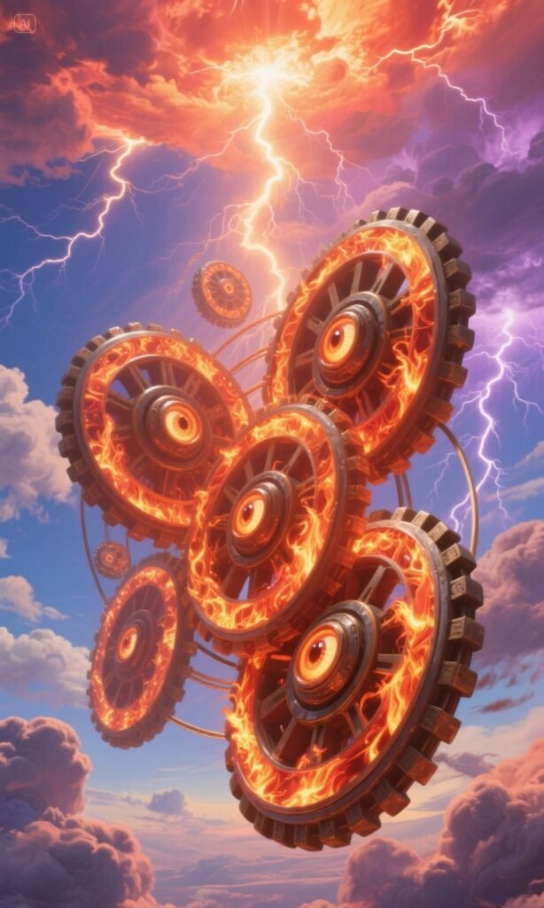 Thrones or Galgalim—angelic wheels within wheels, glowing with fire and eyes.