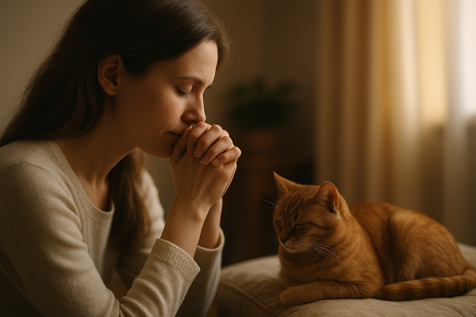 A woman in prayer beside a resting orange cat, bathed in warm morning light