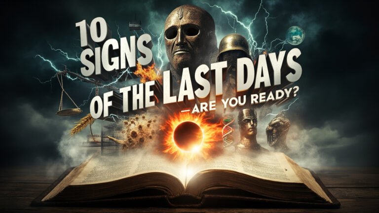 Open Bible on a stormy rock with glowing icons rising in a spiral: crown of thorns, flames, grain stalk, DNA helix, serpent, globe, broken chains, scales of justice, satellite, and pale horse—symbolizing biblical signs of the end times.