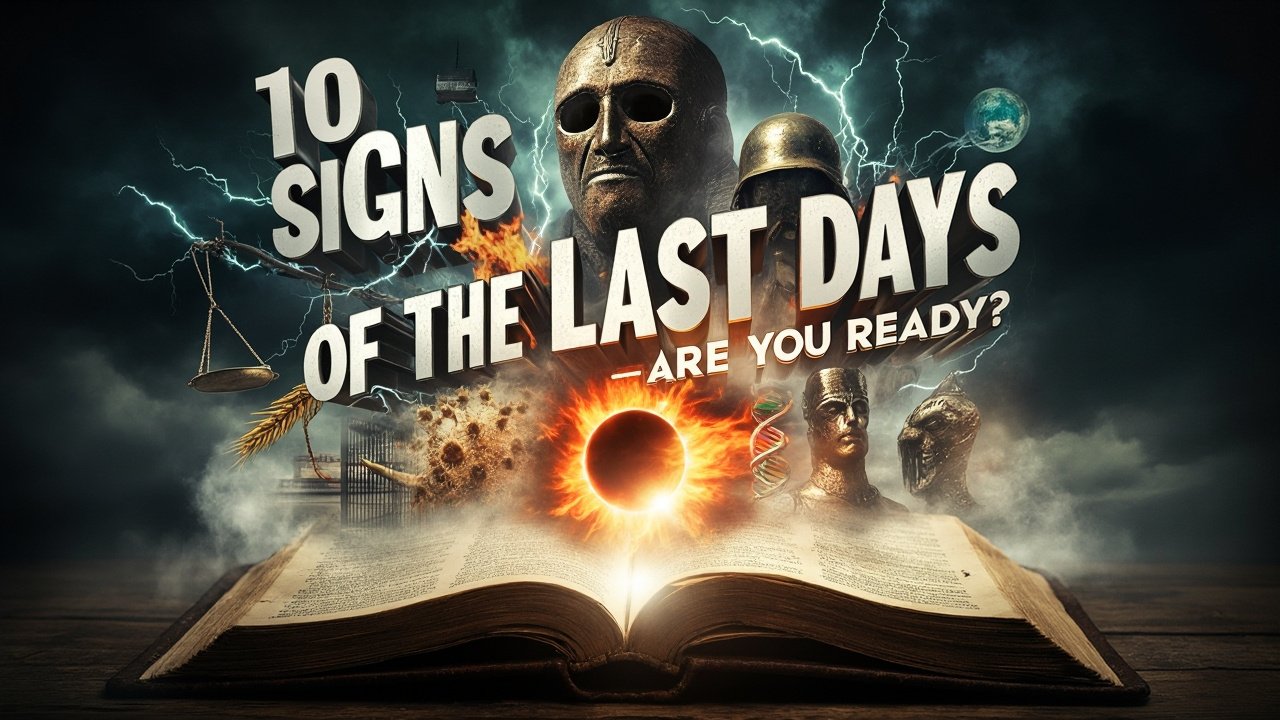 Open Bible on a stormy rock with glowing icons rising in a spiral: crown of thorns, flames, grain stalk, DNA helix, serpent, globe, broken chains, scales of justice, satellite, and pale horse—symbolizing biblical signs of the end times.