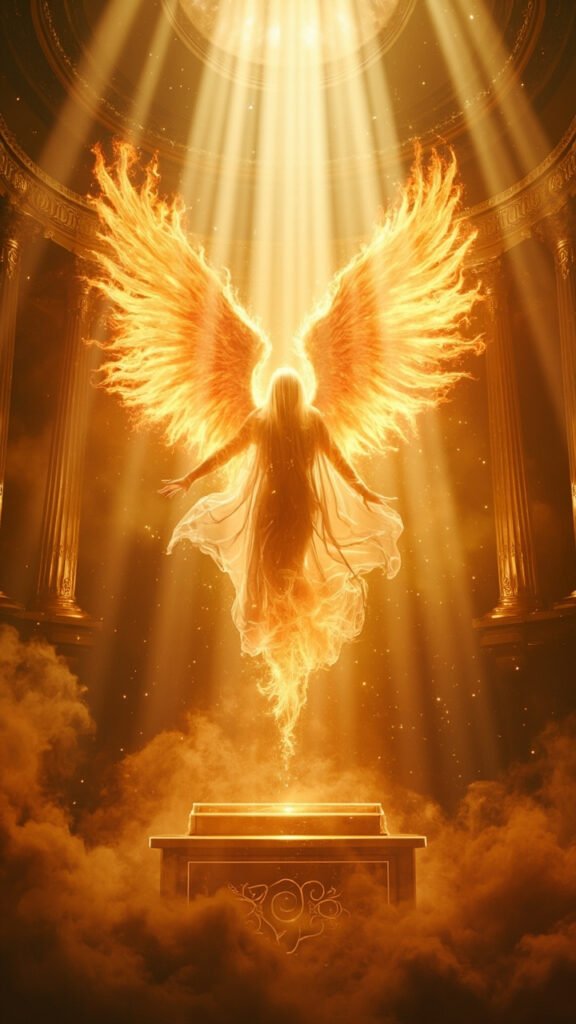 A six-winged Seraphim angel made of fire, veiling its face in God’s presence.