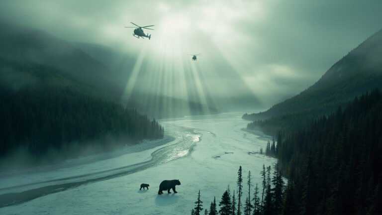 Grizzly bear and cub walking in Alaska’s wilderness under helicopter shadows, symbolizing the threat of aerial killings near Katmai.