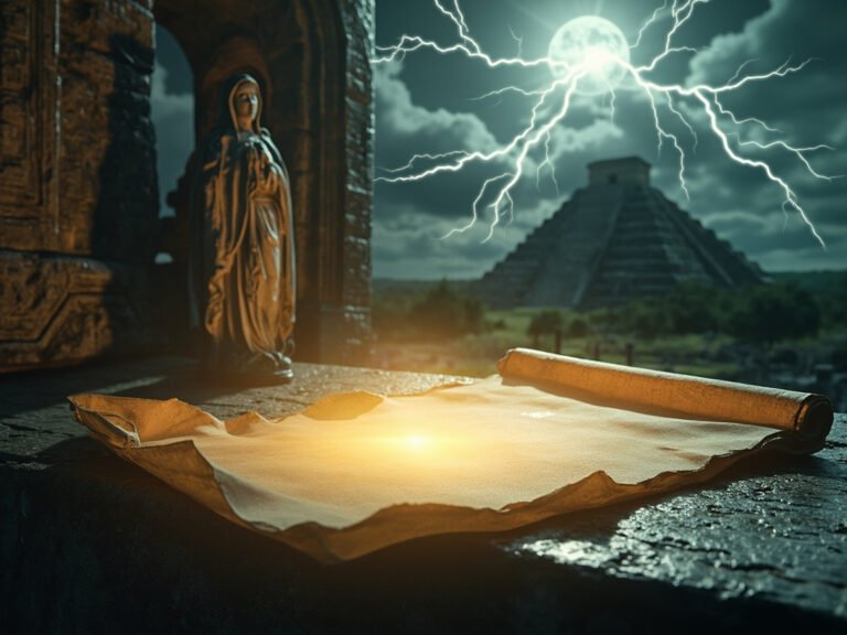 A prophecy scroll glowing on a stone altar, with ancient and modern symbols surrounding it.