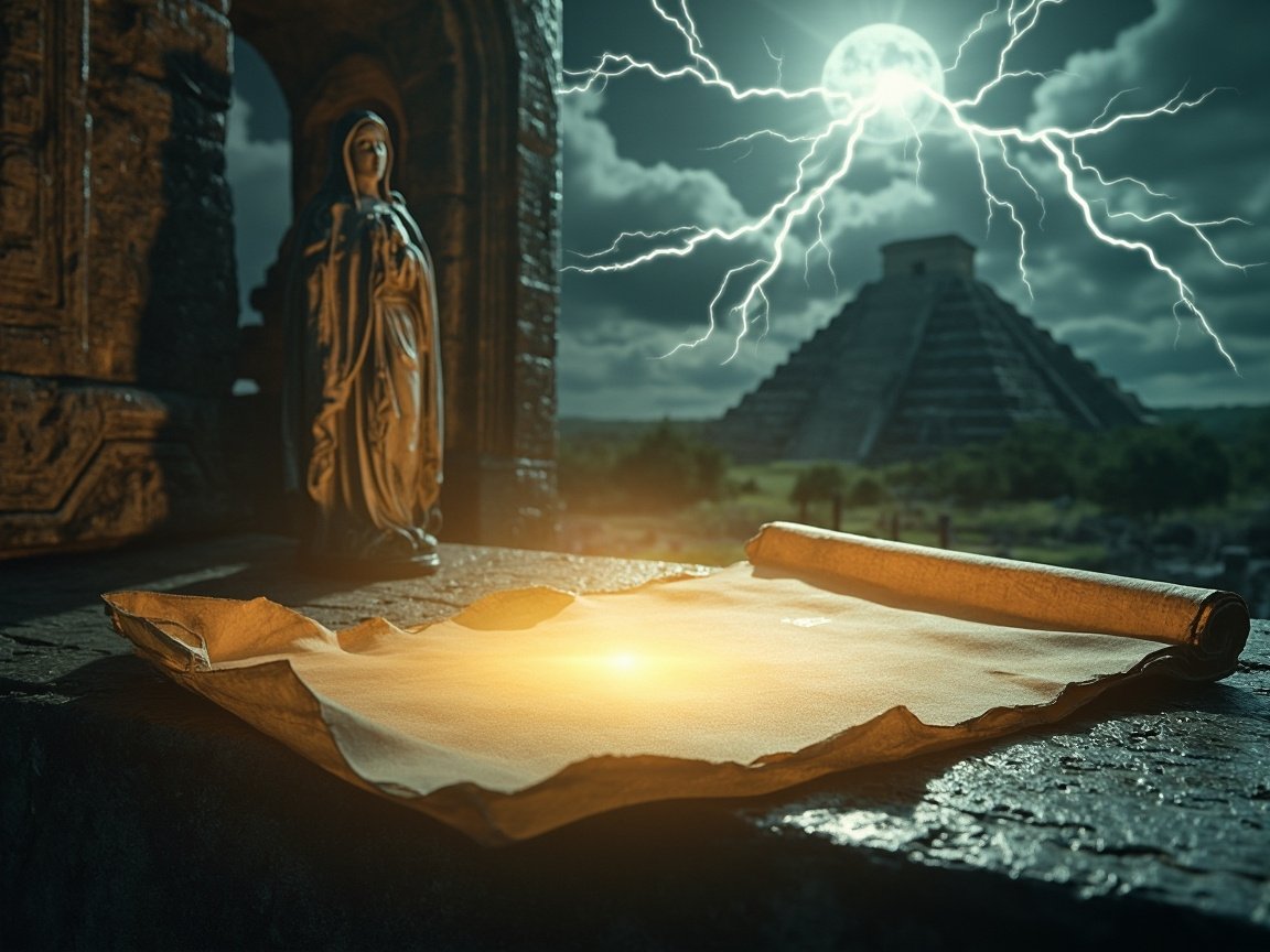 A prophecy scroll glowing on a stone altar, with ancient and modern symbols surrounding it.