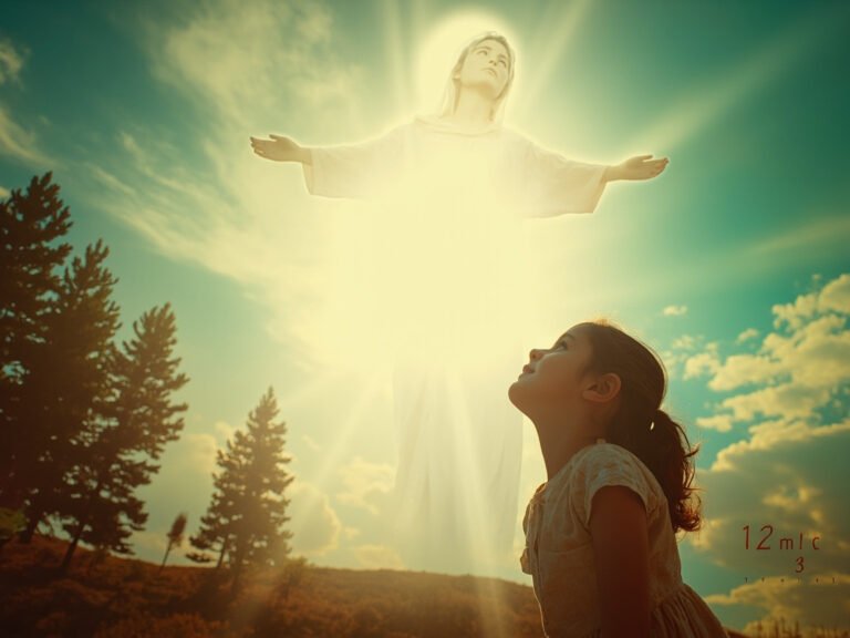 A young girl in 1960s Spain gazes up at a radiant Marian figure descending from the sky near the Garabandal pines.