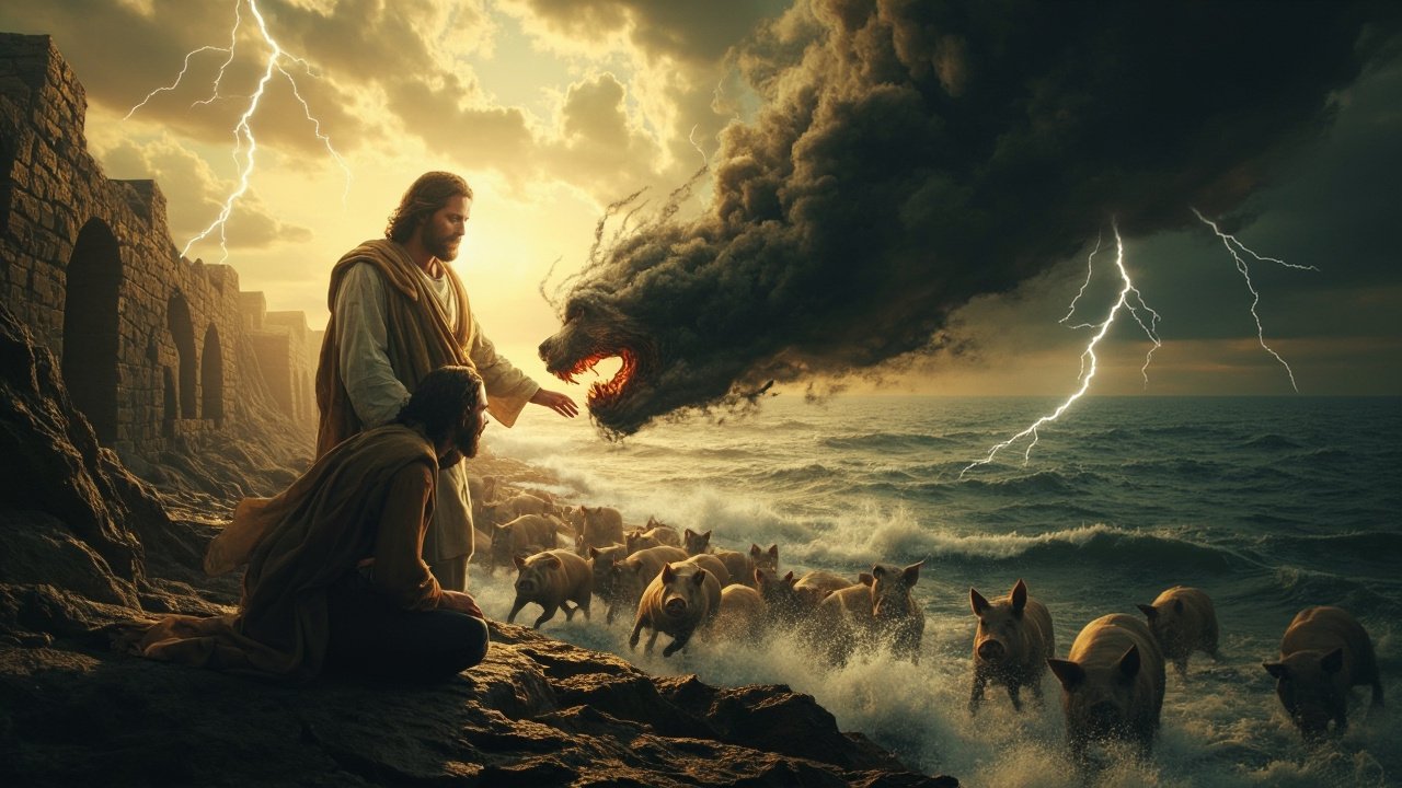 Jesus standing over a possessed man as dark spirits emerge and enter a herd of pigs rushing into the sea, under a stormy sky.