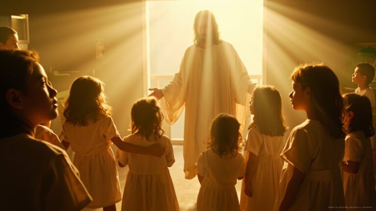 Jesus surrounded by children in white gowns in a hospital room, with golden light shining through the doorway