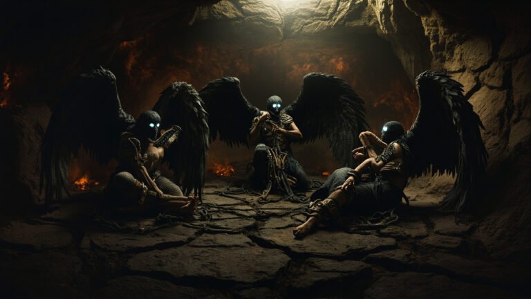 4 angelic evil figures black wings feathers restrained beneath the earth