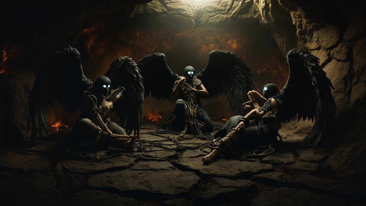 4 angelic evil figures black wings feathers restrained beneath the earth