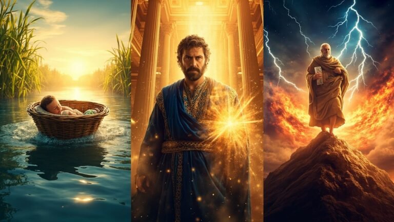 Moses as a baby in a basket on the Nile, standing as a royal in Egypt, and receiving the Ten Commandments with lightning behind him.