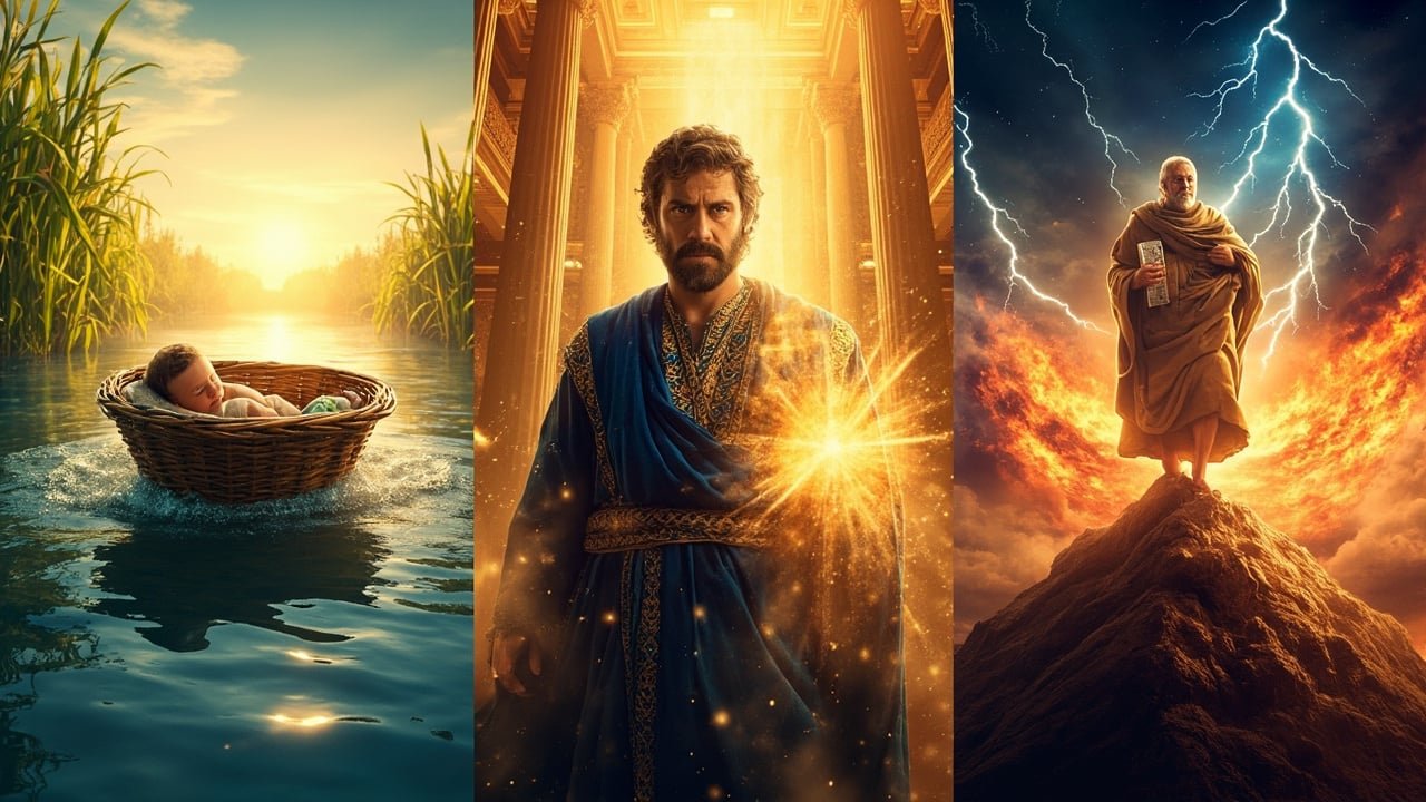 Moses as a baby in a basket on the Nile, standing as a royal in Egypt, and receiving the Ten Commandments with lightning behind him.