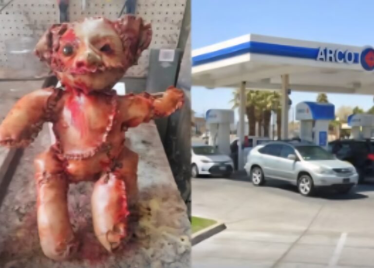 Teddy bear wrapped in stitched human-like skin, found at an ARCO gas station in Victorville, California — disturbing symbol of moral decay.