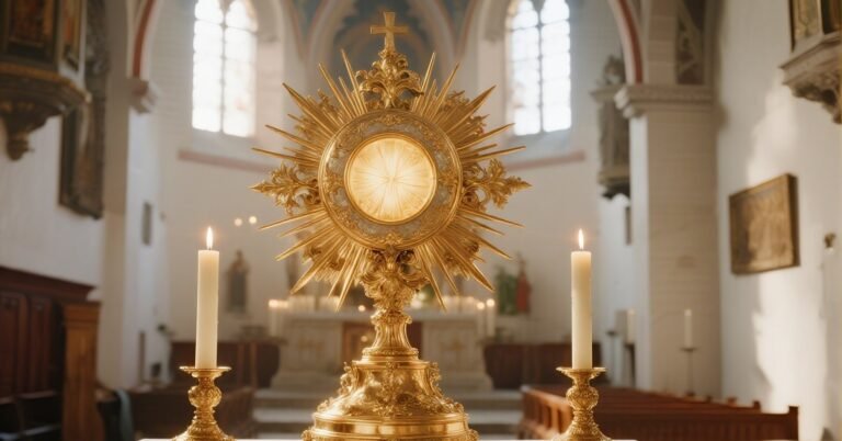 Golden monstrance with radiant Eucharist on a candlelit altar