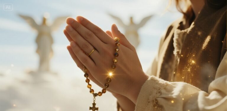 Hands praying with illuminated rosary beads and divine light in a heavenly background