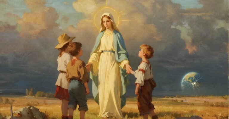 Our Lady of Fatima appears to three children with a glowing sky and cracked earth behind her, symbolizing divine warning and mercy.