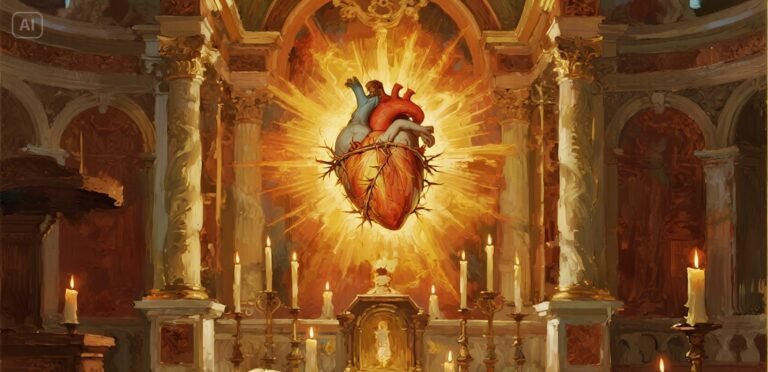 Sacred Heart of Jesus glowing above a Catholic church altar with golden light and candles.