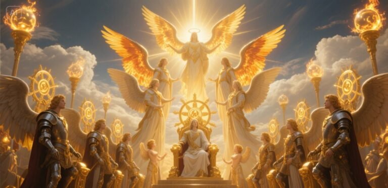 Dramatic illustration of the biblical hierarchy of angels surrounding God's divine throne