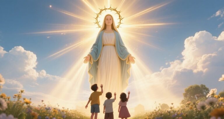 A radiant vision of Our Lady of Fatima surrounded by divine light, wearing a blue and white mantle, with a golden crown of thorns and rays shining behind her. Three children gaze up at her in awe as they stand in a peaceful flower field beneath a bright sky.