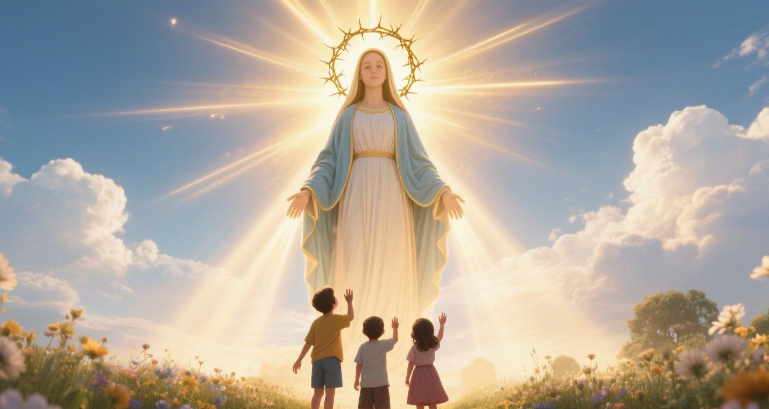 A radiant vision of Our Lady of Fatima surrounded by divine light, wearing a blue and white mantle, with a golden crown of thorns and rays shining behind her. Three children gaze up at her in awe as they stand in a peaceful flower field beneath a bright sky.