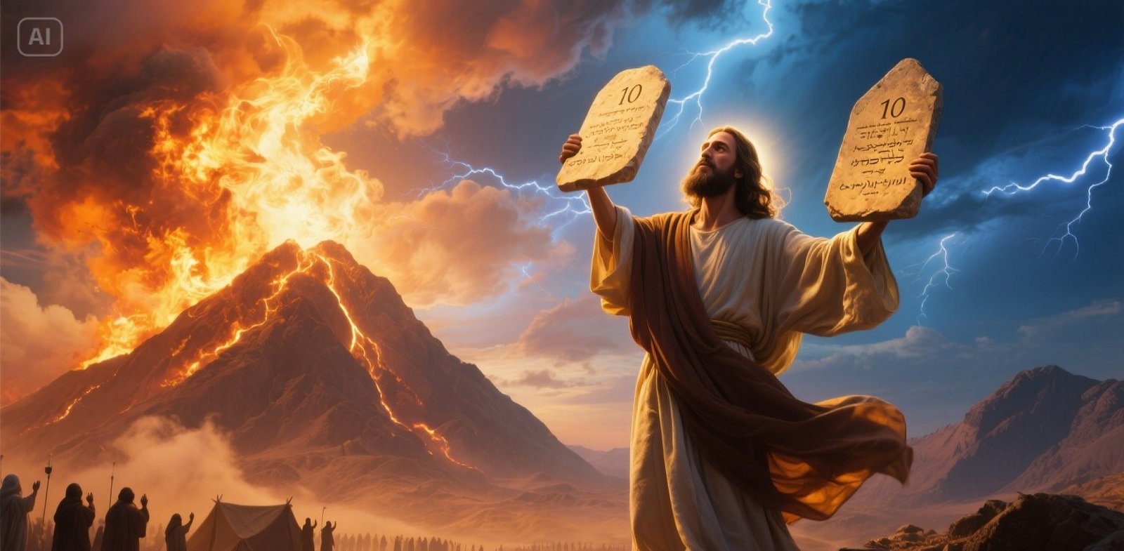 Moses receiving the Ten Commandments on Mount Sinai, surrounded by divine fire and lightning, holding the tablets high as the Israelites watch below