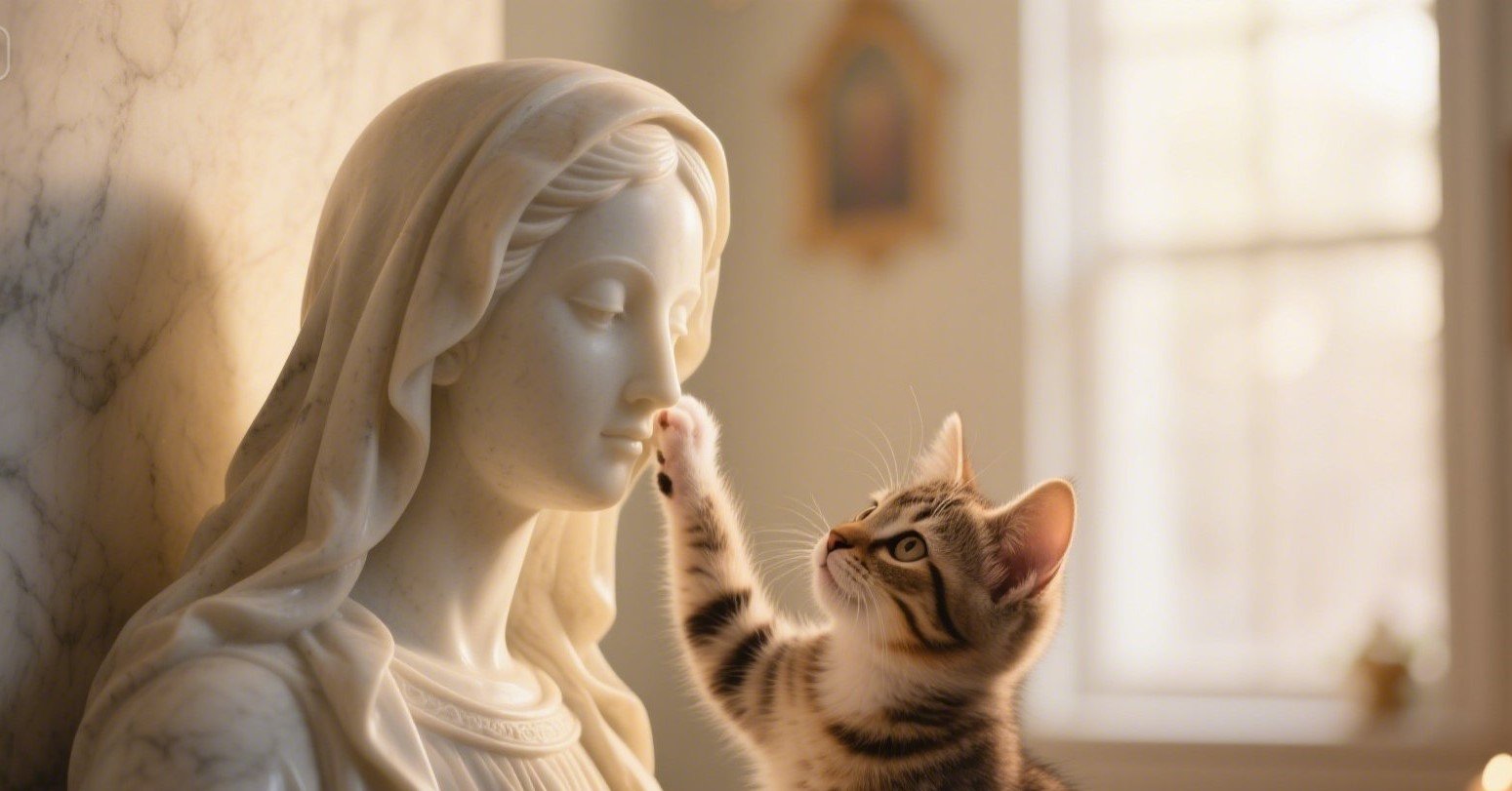 Kitten gently touches face of Virgin Mary statue in peaceful room